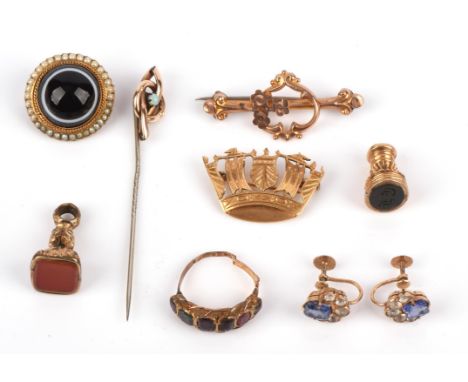 A group of antique and gem set items, including early 20th C paste and sapphire earrings tested as 15 ct, with screw back fas