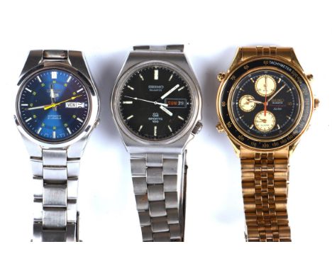 Seiko, a gentleman's stainless Seiko 5  day date automatic wristwatch with blue dial, a gold plated sq100 chronograph wristwa