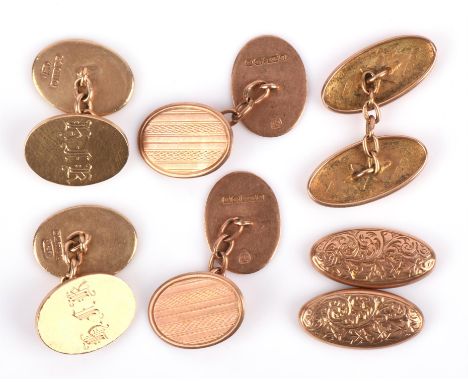 Three pairs of cufflinks, one with initials hallmarked Birmingham 1965, a pair of foliate rose gold cufflinks and a pair of r
