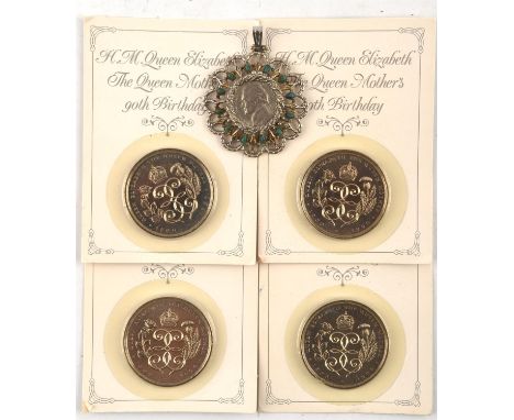 A collection of a few British and foreign notes and coins, some uncirculated, including four (4) £5 coins 1990 in original pr