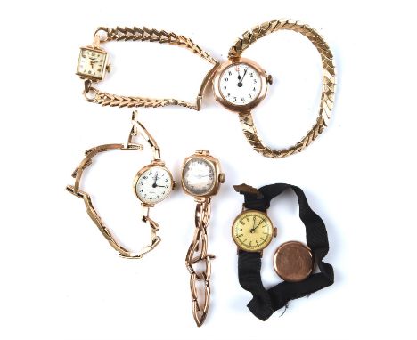 Ladies Gold wristwatches, comprising of a Longines in square case, a vertex,an unsigned white enamel dial wristwatch on expan