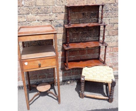 A VICTORIAN MAHOGANY HANGING SHELF with turned spindles 50cm wide, a George III mahogany washstand, and a bobbin-turned stool