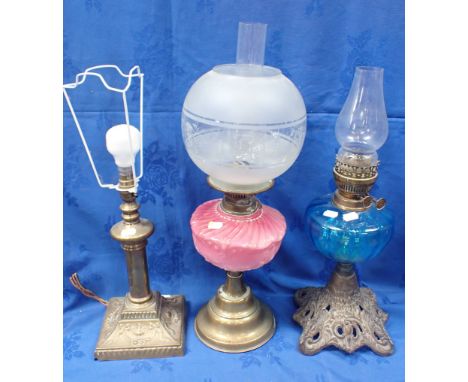 TWO VICTORIAN OIL LAMPS and a converted brass oil lamp base (all for spares or restoration)