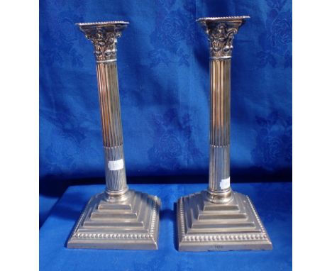 A PAIR OF SILVER NEOCLASSICAL COLUMN CANDLESTICKS 28cm high, Harrison Brothers &amp; Howson, Sheffield 1918