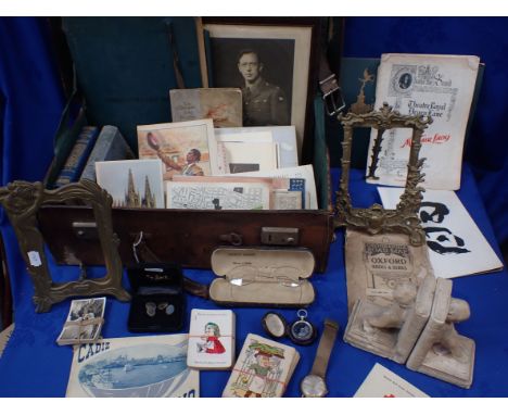 A VINTAGE TIMEX WATCH, VICTORIAN SPECTACLES gold-plated cufflinks and sundries contained in a leather suitcase