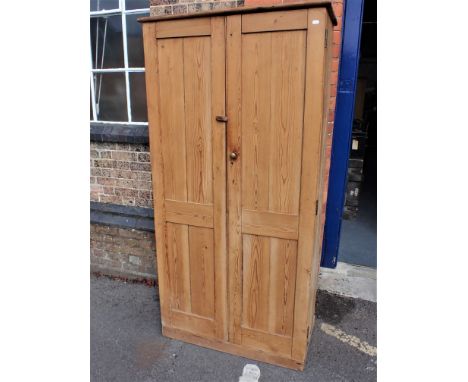 A 19TH CENTURY STRIPPED PINE CUPBOARD with panelled doors enclosing shelved interior 95cm wide, and a (damaged) travelling tr