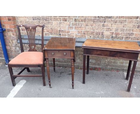 A 19TH CENTURY SMALL MAHOGANY PEMBROKE TABLE on slender turned legs, 58cm wide, a George III mahogany tea table and a country