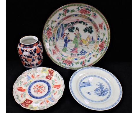 A CHINESE FAMILLE ROSE PLATE 31.5cm diam (damaged), and other Asian ceramics (4)