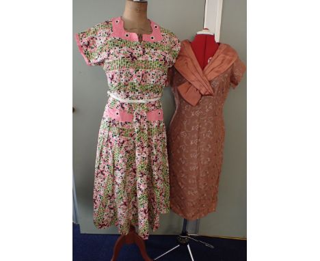 A VINTAGE 1950S 'MARVEL' PRINTED COTTON DRESS in pink, white and green (size 14), and a 1950s American 'Grace Taylor Original