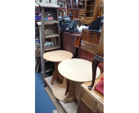 TWO VINTAGE WOODEN STEPLADDERS together with a pine plinth and three round occasional table frames (no covers)