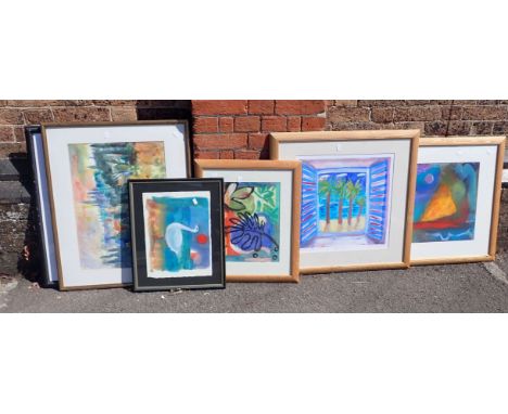 LOUISE WAUGH, SIGNED MONOPRINT, 'COOL INTERIOR' 42cm square, in light oak frame, four gouache paintings by Judy Willoughby (?