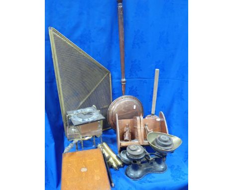 A CASED SET OF PLATED FISH EATERS, A BRASS TRIVET a wall clock, iron stand, washing dolly, Victorian toasting fork and other 