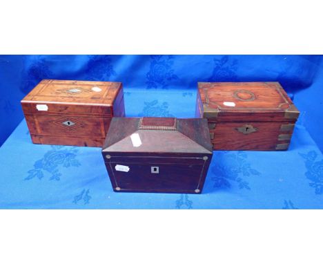 A VICTORIAN PARQUETRY TEA CADDY together with a rosewood tea caddy and a brass bound box 