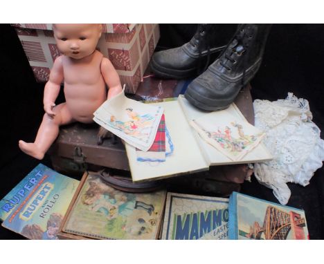 TWO 1930S PRINTED HANDKERCHIEFS, A PAIR OF RUBBER BOOTS a doll, vintage jig-saws and other items