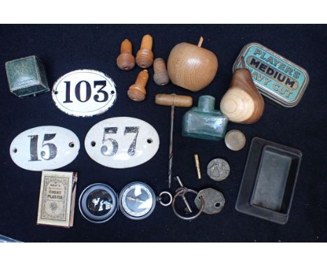 AN ENAMEL HOUSE NUMBER PLAQUE and two similar in ceramic; 15, 57, 103 (all in worn condition) and other small collectibles