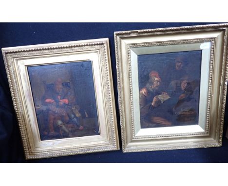 TWO OLD MASTER STYLE GENRE SCENES oil on canvas and oil on panel, 19th century, larger 28 x 34 cms