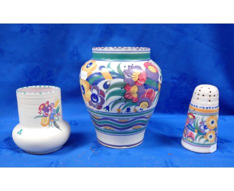 CARTER STABLER AND ADAMS POOLE VASE 1920s/1930s, /YO pattern, with a smaller vase and a sugar sifter, same period, vase 19cms