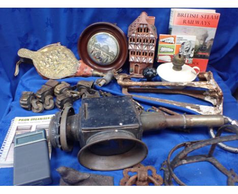 A COLLECTION OF IRONMONGERY table fittings, a carriage lamp, and other items