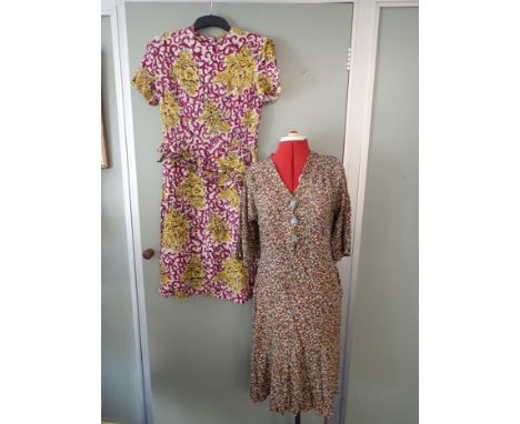 TWO LADIES' VINTAGE PRINTED CREPE DE CHINE DRESSES 1930s/1940s (possibly home made)