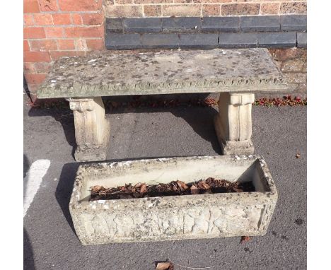 A RECONSTITUTED STONE GARDEN BENCH 115cm long, and a trough 70cm long (2)