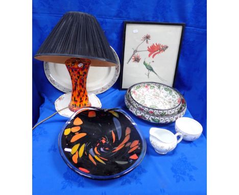 A MURANO GLASS DISH with a Poole lamp, assorted ceramics and a botanical picture