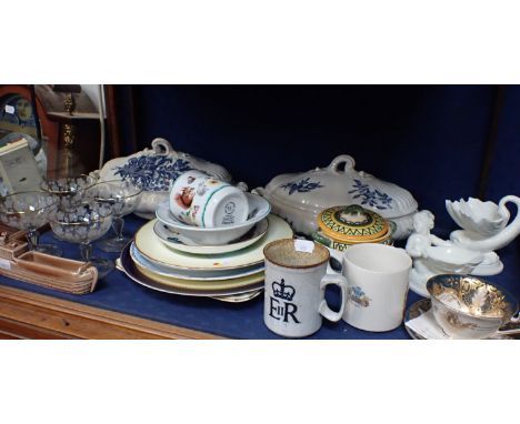 A COLLECTION OF ROYAL WORCESTER to include blue and white tureens, a dophin and a merman dish other Worcester wares, a Quimpe