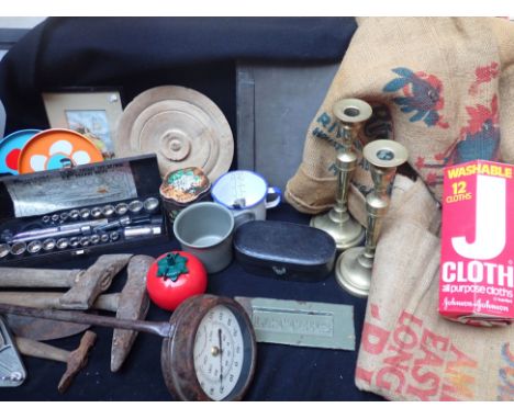 A BRASS DOOR LETTERBOX PLATE (PAINTED) tools, and sundries