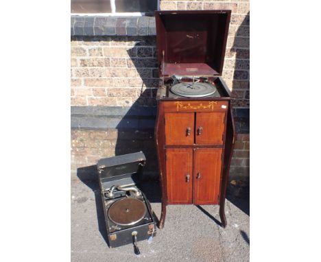 A 'MAYFAIR DELUXE' PORTABLE GRAMOPHONE (runs, but soundbox needs attention), a 1920s gramophone cabinet fitted with a 1970s G