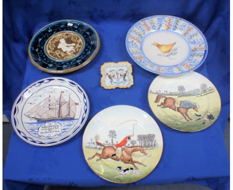 A PAIR OF CAULDON HUNTING PLATES (wear to rim), a reproduction Poole 'Waterwitch' charger, a faience dish, and other items (6