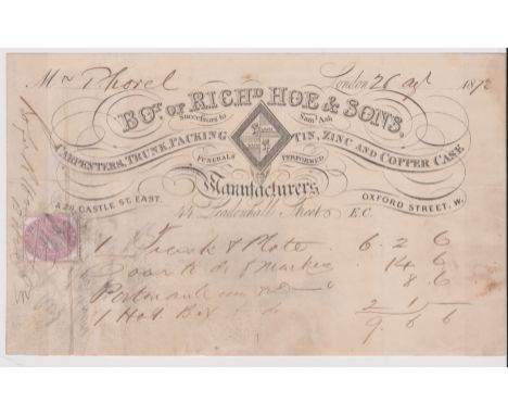 1872 Engraved invoice, Richard Hoe &amp; Sons, Oxford Street, Manufacturers, Carpenters, Trunk, Packing, Tin, Zinc and Copper
