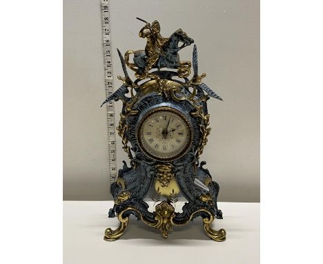 A heavy ornate brass French mantle clock converted for battery use h45cm, shipping unavailable 