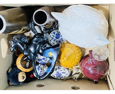 A box of assorted collectables including a vintage ceramic chicken egg basket, shipping unavailable 