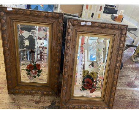 A pair of vintage oak framed &amp; hand decorated mirrors. 83cm x 53cm. shipping unavailable 