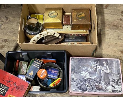 A box full of vintage tins and other collectables, shipping unavailable 