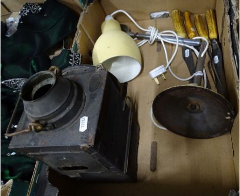 An angle-poise lamp, carvers, a British Railways lantern etc 