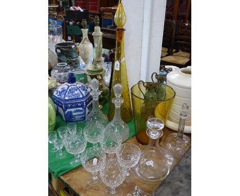 A 1960s tall glass decanter, a bubble glass vase etc