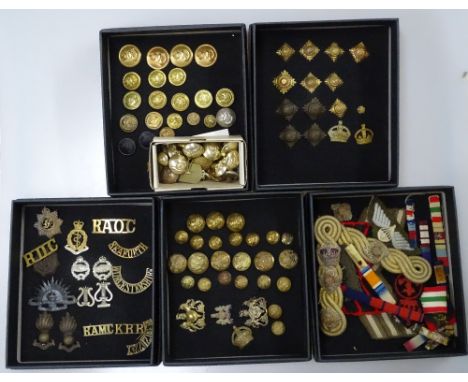 Various military buttons and badges, including 1805 Royal Navy Surgeon's button etc