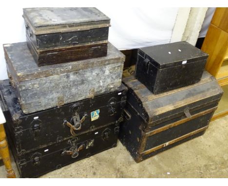 A 19th century dome top travelling trunk, and 6 other Antique trunks / boxes