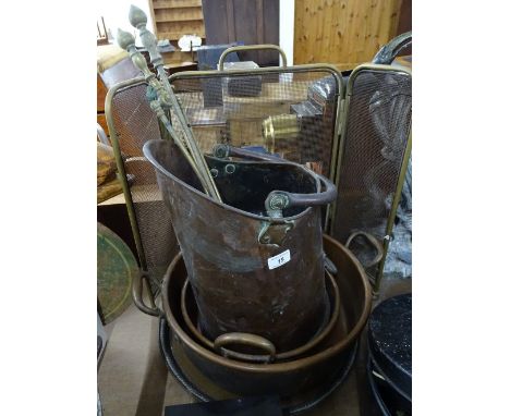 2 Victorian copper preserve pans, Victorian coal bin, firescreen etc