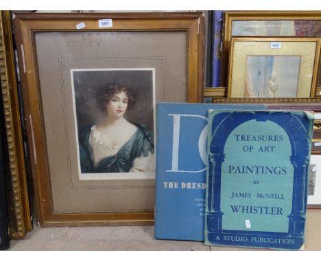 A coloured lithograph portrait of a young lady, and treasures of art paintings by James McNeill etc