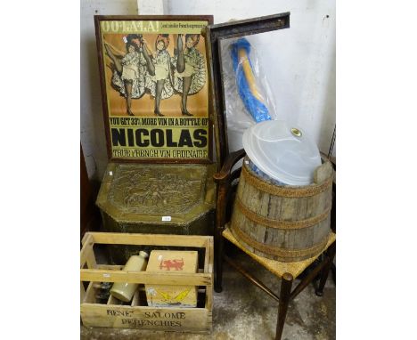 A rush seated corner elbow-chair, a butter churn, a standard lamp, an embossed log basket, a pine crate, a hammock, an advert