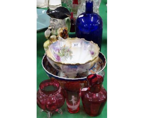Toby jug, blue glass decanter, cranberry items, etc