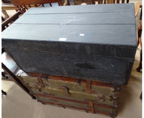 A stained pine toolbox, and a large Victorian slat-bound travelling trunk (2)