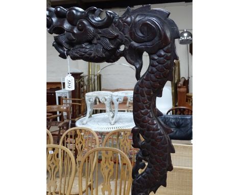 A Chinese hardwood dragon design lamp / lantern stand, on turned base, height 180cm