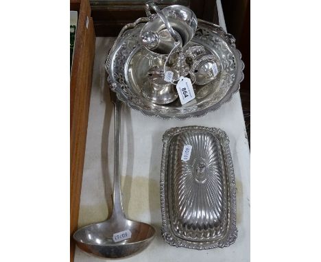 A plated swing handled fruit basket, a butter dish and cover, a plated ladle etc