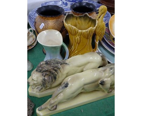 A pair of lions, a Sylvac vase etc