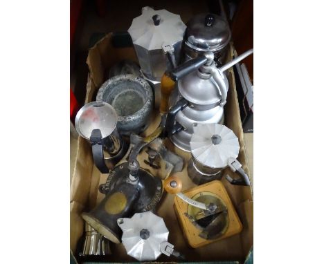A coffee grinder, slicer, coffee pots etc