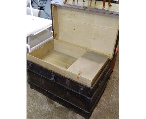 A Victorian steel and wood bound travelling trunk, with a tray fitted interior, length 91cm