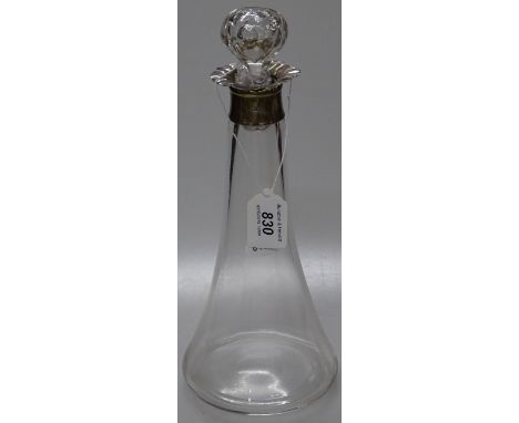 A glass and silver collared decanter with stopper, height 30cm