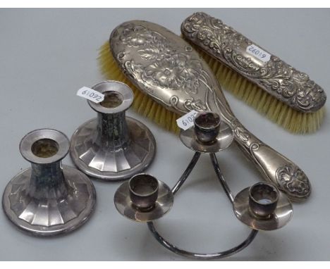 2 silver-backed dressing table brushes, a Danish plated candelabra, and a pair of candlesticks